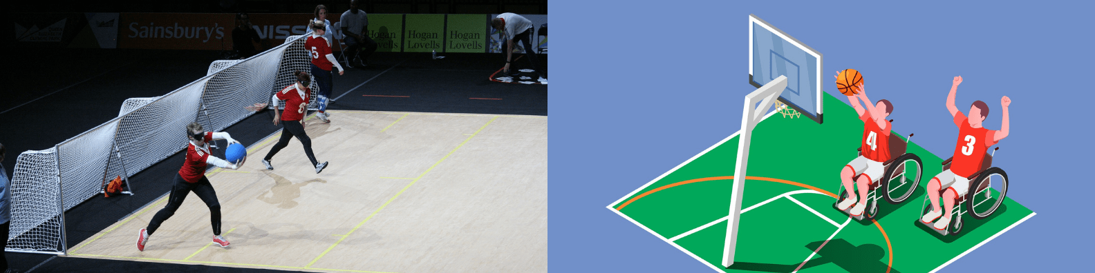 Banière sport adapté Droite de l'image : trois personnes qui joue au Cécifoot sur un terrain de foot en salle. Gauche de l'image : deux personnes en fauteuil roulant jouent au basket ball