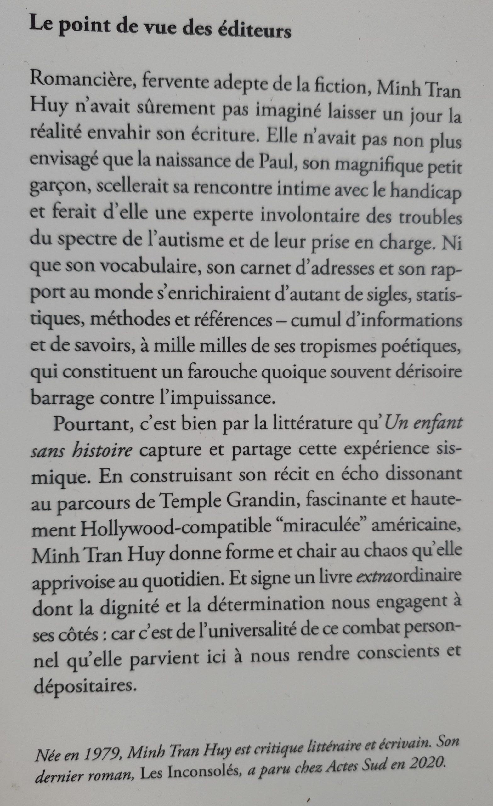 Quatrième de couverture du livre "Un enfant sans histoire"