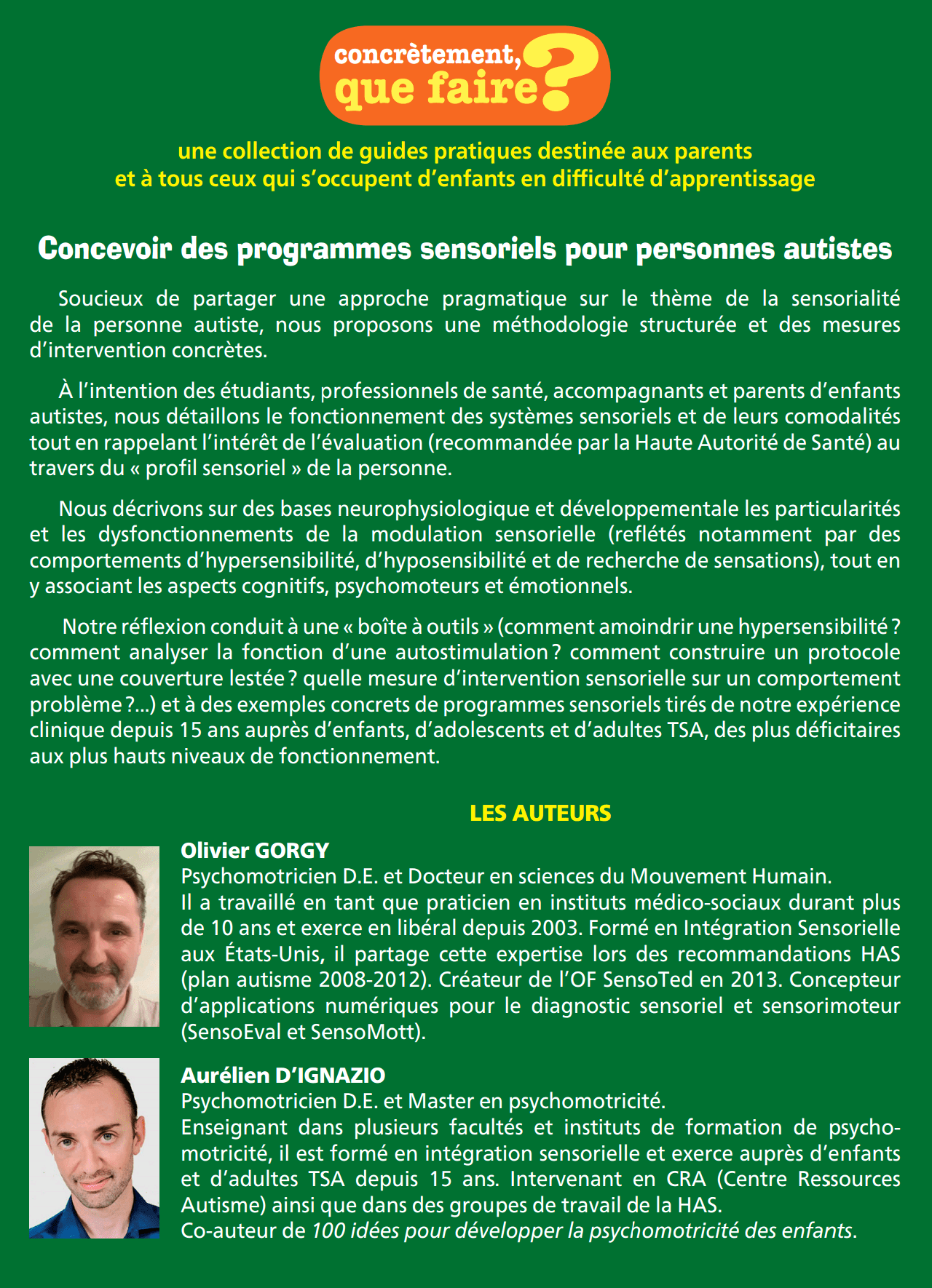 Quatrième de couverture du livre - concevoir des programmes sensoriels pour personnes autistes