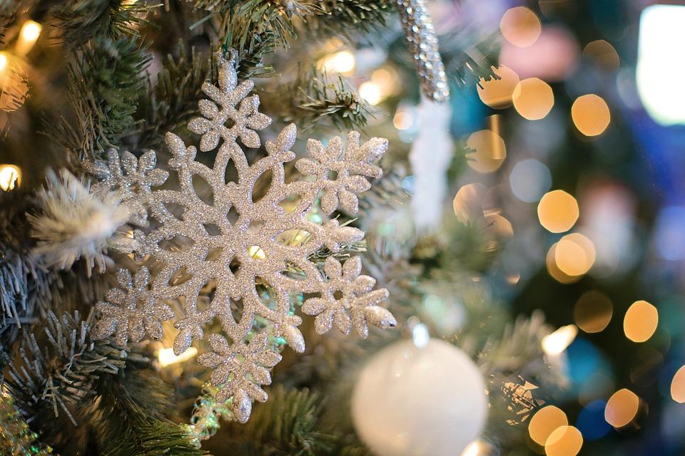 Décoration d'une branche de sapin de Noel via un flocon de neige factice